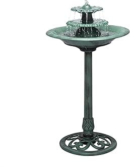 Alpine Corporation 35" Tall 3-Tier Outdoor Pedestal Water Fountain – Durable Resin Cascading Water Feature and Birdbath for Garden, Patio, Deck, and Backyard, Green