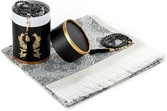 ihvan online Muslim Prayer Rug and Prayer Beads with Elegant Design Cylinder Gift Box, Janamaz, Soft Sajadah, Islamic Gifts Set, Portable Prayers Carpet Mat, Taffeta Fabric, Black