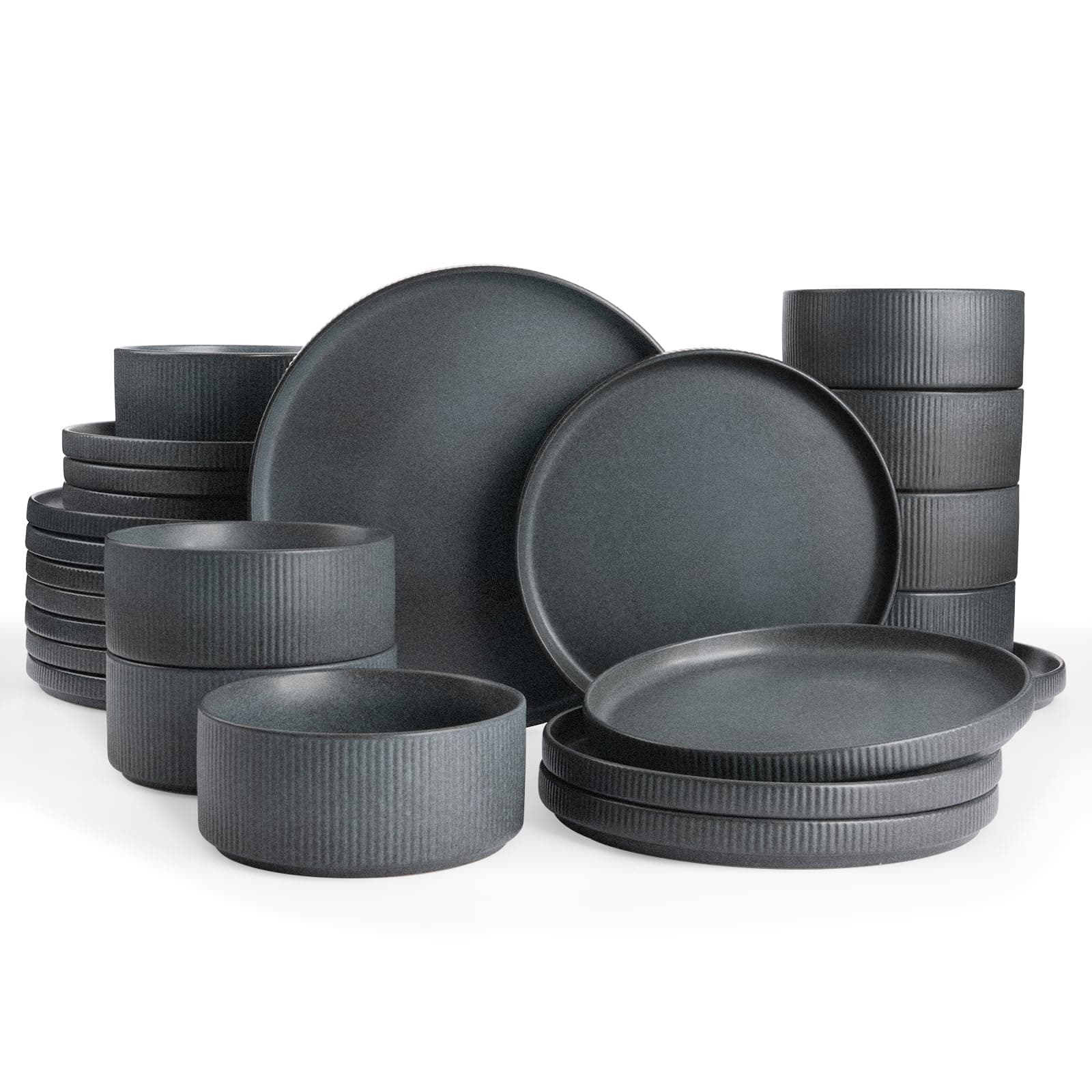 Star Plates and Bowls Sets, Modern Stoneware Dinnerware Sets for 8, 24-Piece Kitchen Dish Set - Microwave and Dishwasher Safe, Chip and Scratch Resistant, Matte Dark Charcoal