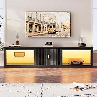 Bestier 80 Inch TV Stand for 75/85/86/90 inch TVs, LED Gaming Entertainment Center with Fluted Storage Cabinet & Adjustable Shelves, Modern High Gloss TV Console for Living Room Bedroom, Black Glossy