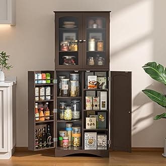 Gizoon 64" Kitchen Pantry Cabinet, Tall Storage Cabinet with Glass Doors and Adjustable Shelves, Freestanding Floor Cabinet Cupboard for Kitchen, Living Room, Dining Room (Dark Brown)