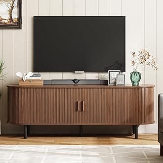 ONBRILL 63" TV Stand with Power Outlet for TVs up to 70 Inch, Entertainment Center with Storage and Adjustable Shelves, Modern Media Console with Sliding Doors for Living Room, Walnut