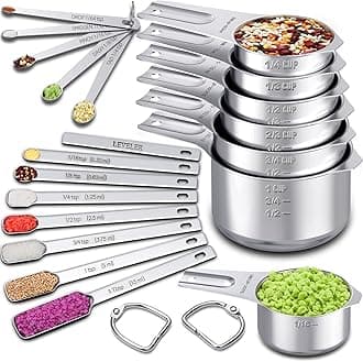 EWFEN Measuring Cups and Spoons Set, 7 Stainless Steel Nesting Measuring Cups & 7 Spoons, 5 Mini Measuring Spoons &1 Leveler, Kitchen Gadgets for Cooking & Baking, Square
