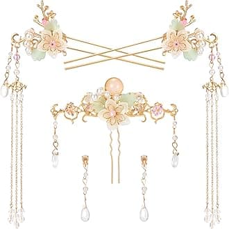 HINZIC5PCS Orchid Flower Tassels Hairpin, Crystal Rhinestone Pearl Hair Clips Headpiece Retro Chinese Hanfu Floral Wedding Brides Hair Accessories Jewelry for Women Girls Updo Long Hair