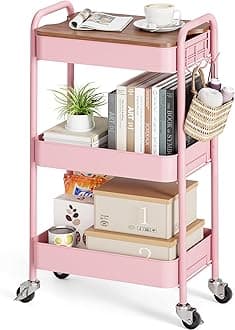 3-Tier Rolling Cart with Table Top, Metal Storage Cart on Wheels, Utility Organizer with Wooden Tray, Lockable Casters, Easy Assembly for Bathroom, Living Room, Office, Bedside, Pink