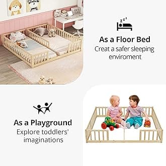 Double Floor Bed Frames for Kids, Wood Montessori Bed with Fence Rails, Two Twin Bed Frames for Kids Boys Girls Children,Natural