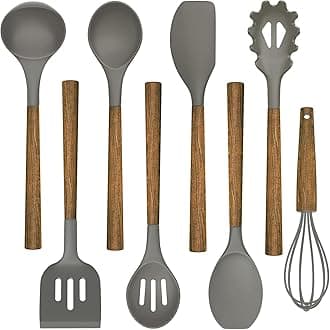 Umite Chef Silicone Cooking Utensil Set, 8-Piece Kitchen Utensils Set with Natural Acacia Wooden Handles,Food-Grade-Silicone Kitchen Gadgets and Spatula Set for Nonstick Cookware - Grey