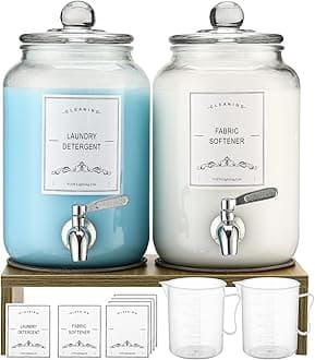 2-Pack Glass Laundry Detergent Dispenser with Stand, 106oz Leak-Proof Glass Fabric Softener Dispenser- Laundry Soap Dispenser-Reusable Container for Kitchen & Bathroom Storage