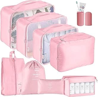 9 Pcs Packing Cubes, Travel Luggage Organizer for Men and Women, Toiletry Bag, Packing Cubes for Travel with Tooth Brush Holder- Set of 9 - Pink