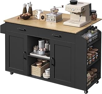 Kitchen Island with Storage, Mobile Portable Kitchen Table, Kitchen Island on Wheels with Drop Leaf, 52.8" Rolling Island, Spice Rack, Towel Rack, Black and Natural KINB12801