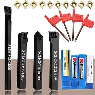 14Pcs Indexable Lathe Turning Tool 1/2"12mm,4PCS Metal Lathe Tools Holder S12M-SCLCR09,SCMCN1212H09,SCLCL1212H09,SCLCR1212H09 With 10pcs CCMT09T304 Carbide Inserts