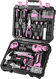 DEKOPRO Drill Set: Tool Set with 8V Pink Cordless Drill, Home Tool Kit with Drill, Hand Tool Kits for Women 126 Piece