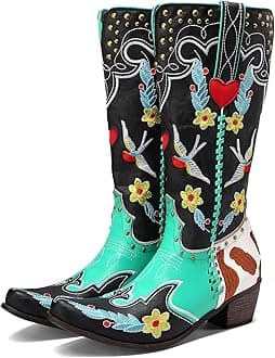 Cowboy Boots For Women, Cute Bluebonnet Floral Embroidered Fashion Country Boots Pointed Toe Chunky Heel Wide Calf Fancy Comfortable Pu Leather, Cowgirl Boots