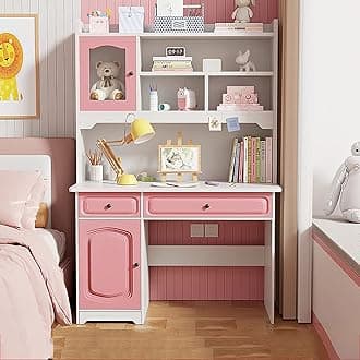 Study Desk with Hutch and Bookshelf,Wooden Computer Desk Home Office Desk Teenager Desk with Shelves and Drawers,Cute Writing Study Desk Bookshelf Combo for Girl Boy(31.5inch, Pink)