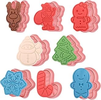 (Set of 8) Christmas Cookie Cutters with Plunger Stamps Set, Gingerbread Boy/Girl Snowman Santa Claus Snowflake Christmas Tree Reindeer Cookie Cutters