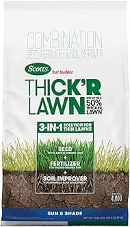Scotts Turf Builder Thick'R Lawn Sun & Shade - 3 in 1 Lawn Fertilizer, Seed, & Soil Improver for a Thicker, Greener Lawn, Seeds up to 4,000 sq. ft., 40 lb.