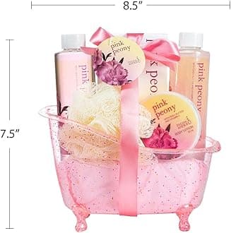 Freida and Joe Home Spa Gift Basket Peony Spa Set For Women, Contains Shower Gel, Bubble Bath, Body Lotion, Peony Bath Salt & Puff in a Pink Feminine Tub Luxury Body Care Mothers Day Gifts for Mom