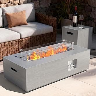 2-Piece 42" Rectangular Propane Fire Pit for Outside Patio with Hidden Tank Table, 50,000 BTU Fireplaces with Glass Wind Guard, Lid, Glass Rocks, Cover(Light Grey)