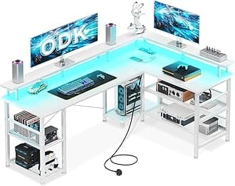 ODKL Shaped Gaming Desk with LED Lights & Power Outlets, 150×102cm Reversible Corner Desk with Storage Shelves, Computer Desks with Monitor Stand, White