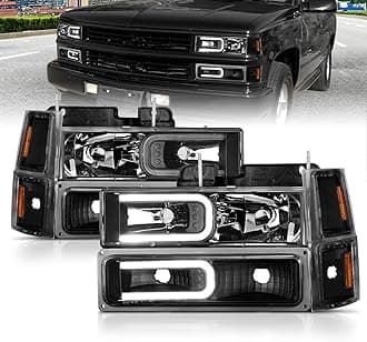 AmeriLite Led, Halogen, Stripe Clear Replacement Car Headlights Parking Corner Sets For 94-98 Chevy Fullsize - Passenger and Driver Side, Vehicle Light Assembly, Black