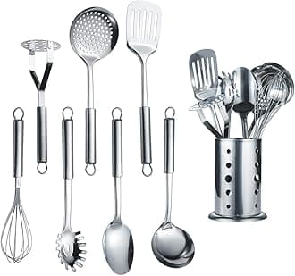 Berglander Cooking Utensil Set 8 Piece, Stainless Steel Kitchen Tool Set with Stand,Cooking Utensils, Slotted Tuner, Ladle, Skimmer, Serving Spoon, Pasta Server,Potato Maseher, Egg Whisk. （8 Pieces）