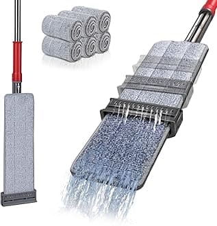 MASTERTOP Microfibre Flat Mop, Self Wringing Mop with 6 Reusable Microfibre Pads, Hands Free Floor Mops for Cleaning Hardwood, Tile, Laminate, Marble - Grey + Red