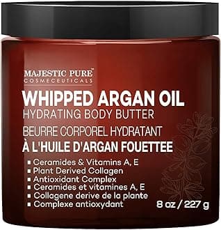 MAJESTIC PURE Whipped Argan Oil Body Butter for Women & Men - With Ceramides, Vitamin E & A & Vegan Collagen - For Skin, Face, & Appearance of Wrinkles & Fine Lines - 8oz