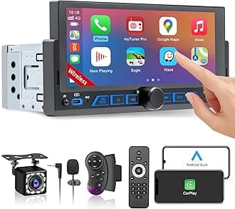 6.86" Wireless Single Din Touchscreen Radio Apple Carplay Android Auto, Single Din Car Stereo with Bluetooth, Mirror Link, Fast Charging, Backup Camera, AM/FM, SWC, EQ, Type-C
