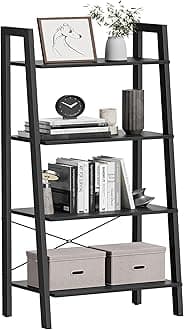 VASAGLE Ladder Shelf, 4-Tier Bookshelf, Storage Rack, Bookcase with Steel Frame, for Living Room, Home Office, Kitchen, Bedroom, Industrial Style, Charcoal Gray and Ink Black ULLS044B04