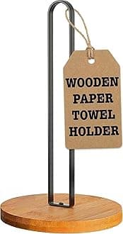 Paper Towel Holder Countertop - Standing Paper Roll Holder with Non-Slip Bamboo Base, Freestanding Paper Towel Holder for Kitchen Counter, Black Metal Design