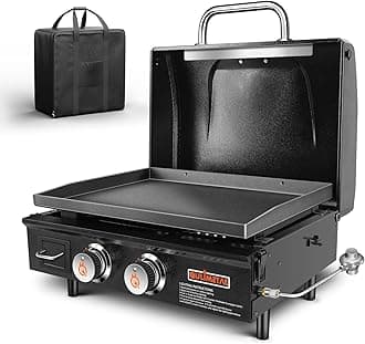 QuliMetalTable Top Grill Portable Griddle with Hood Non-Stick Flat Top Grill Griddle Propane Grill with Carry Bag 22 Inch,24,000 BTU,348 Sq,304 Stainless Steel Burner,Ceramic Coating