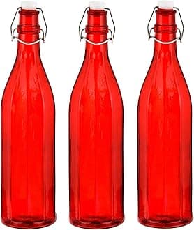 MACHAK Colhexa Glass Bottles With Cork 1litre, Kitchen Decoration (Red, 3 Pieces)