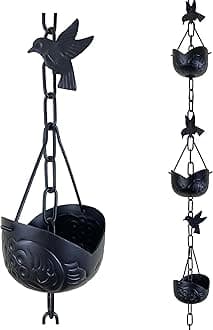 8.5 ft Fortune Cookie Cups Black Powder Coated, to Replace Roof Gutter Downspout, with Installation Kit, Rainwater Catcher/Water Diverter, JAS8001BLK