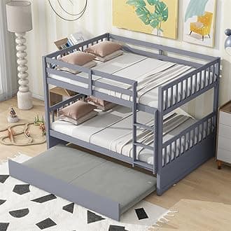 Harper & Bright DesignsFull Over Full Bunk Bed with Twin Size Trundle, Separatable 2 Beds in 1, Wooden Bed Frame with Ladder, Grey