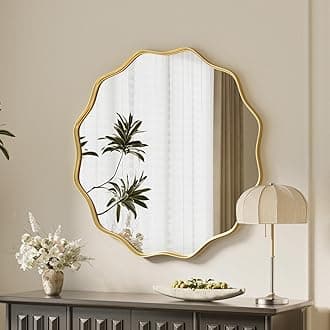 VooBang Gold Scalloped Circle Mirror, 20" Wavy Edge Round Wall Mirror with Tempered Glass Textured Circular Metal Deep Frame, Hanging Leaning for Bathroom, Hallway, Entryway, Livng Room