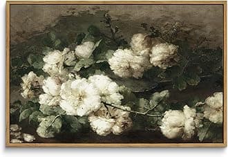 Framed Canvas Wall Art Vintage Decor, Room Decor White Roses Still Life Paintings Print, Mid Century Modern For Living Room, Bathroom Farmhouse Kitchen 16"X24"