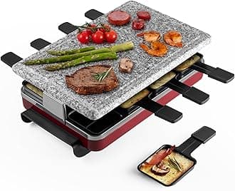 Swissmar Classic 8-Person Raclette Party Grill - Indoor Electric Grill & Griller with Granite Stone Grill Plate - Red