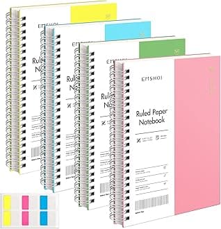 EMSHOI College Ruled Spiral Notebook, 4 Pack 5.7" x 8.22" A5 Small Notebooks for Work, 640 Pages 100gsm Thick Lined Journals for Writing, Sticky Notes, Plastic Hardcover, Yellow, Blue, Green, Pink