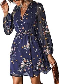 Women's Floral Print Chiffon A-Line Mini Dress Long Peasant Sleeves Elastic Autumn Dress