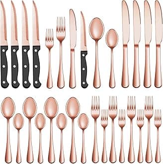 36 Pcs Rose Gold Silverware Set with Steak Knives Service for 6,Stainless Steel Flatware Set,Mirror Polished Cutlery Utensil Set, Kitchen Eating Tableware,Include Fork Knife Spoon Set,Dishwasher Safe