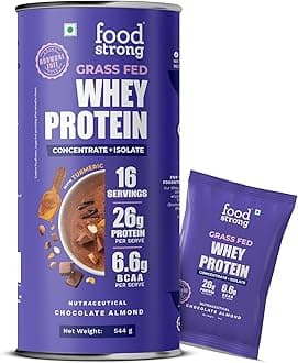 Whey Protein Powder (Concentrate + Isolate), 100% Hormone Free Grass-Fed Whey, 26G Protein & 6.6G BCAA, Chocolate Almond, With Turmeric & Digestive Enzymes, (16 Sachets), 544G