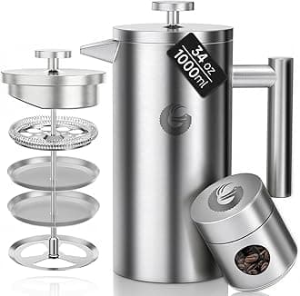 – Coffee Gator Cafetiere French Press plus Mini Jar Canister, Double Walled Insulated Coffee Press with Stainless Steel Filter, Hot Cold Brew Tea Maker, 1 Liter (4-8 Cups)