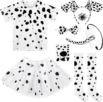 SOMSOC 8 Pieces 100 Days of School Girl Dalmatian Dog Costume Set 100 Days T-shirt Tutu Socks Headband Tail Tattoo Stickers