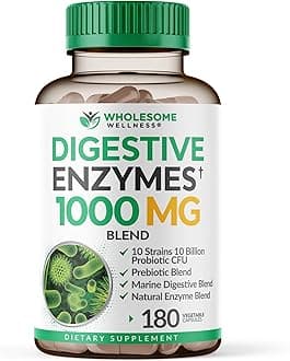 Wholesome Wellness Digestive Enzymes 1000MG Plus Prebiotics & Probiotics Supplement, 180 Capsules, Organic Plant-Based Vegan Formula for Digestion & Lactose with Amylase & Bromelain,3-6 Months Supply