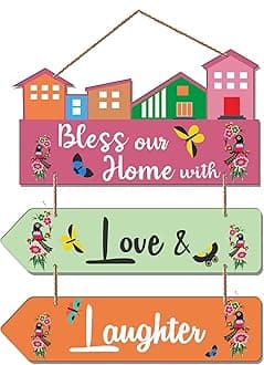 Artvibes Bless Our Home With Love & Laughter Decorative Wall Art MDF Wooden Wall Hanger for Living Room | Quotes Decor Item | Home Quotes Wall Hanging | Modern Decor Items | Wall Poster (WH_5809N)