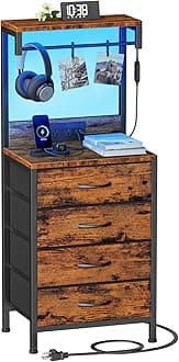 Furnulem Tall Nightstand with Charging Station, Night Stands with LED Lights and Storage Shelves, Bed Side Table for Bedroom, Hallway, Office, 4 Fabric Drawers, Rustic Brown