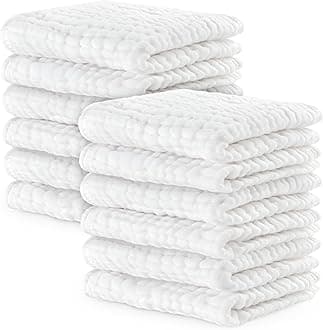 Comfy Cubs Muslin Baby Washcloths 10 Pack - Soft 6-Layer Cotton Wash Cloths for Sensitive Skin - 10"x10" Large, Gentle, Absorbent Infant Essentials for Newborn and Toddlers - White