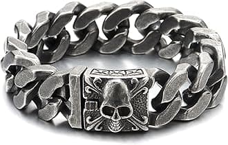Mens Large Vintage Brushed Finishing Steel Curb Chain Bracelet with Fleur De Lis and Skull