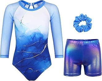 Girls Sparkly Ballet Dance Long Mesh Sleeve Leotard with Shorts