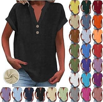 Ladies Tops 2025 Women's Summer Cotton Linen Cap Sleeve T-Shirt Button V Neck Tunic Tops Fashion Baggy Solid Plain Shirts Trendy Blouse 1